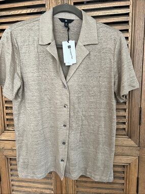 NWT Banana Republic 100% Linen Notch Collar Knit Button Up Shirt Oatmeal Tan XS
